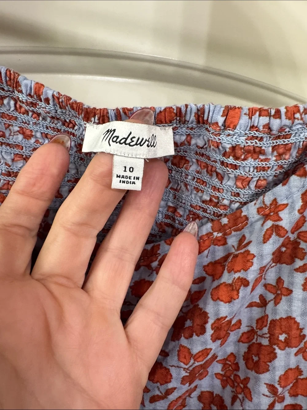 Madewell Light Blue Top with Red Floral Print and Puff Sleeves